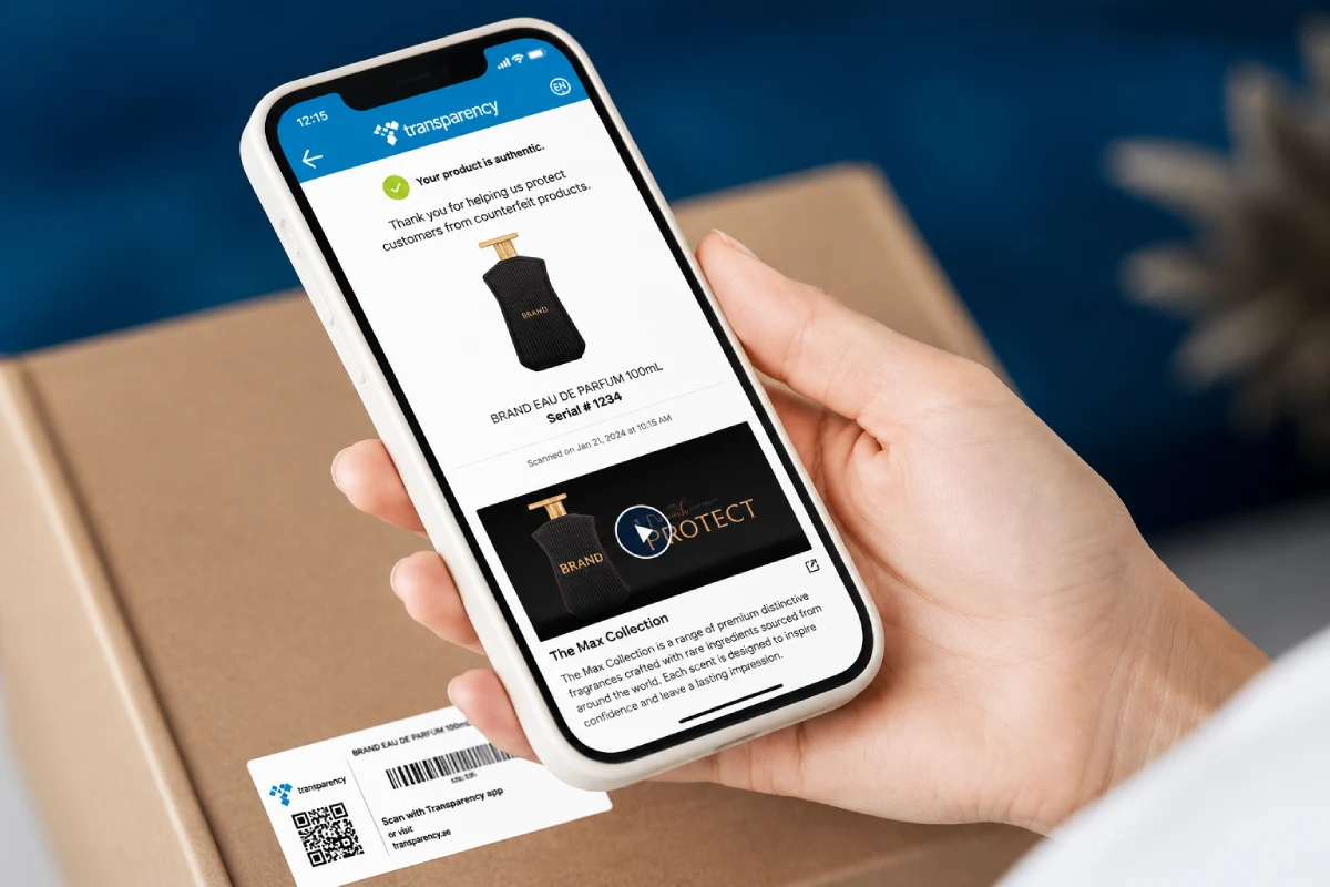 Amazon Transparency mobile verification experience shown on a phone